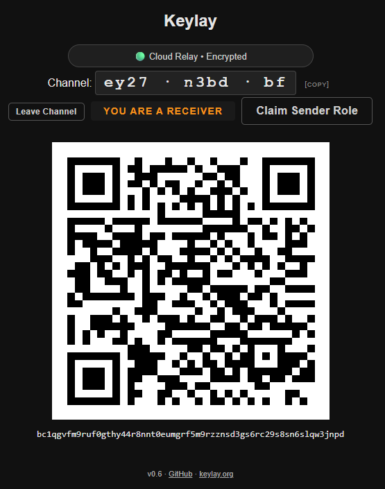 Keylay QR exchange for air-gapped coordination